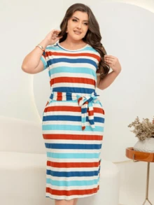Plus Size Dress, Loose Evangelical Fashion, T-Shirt - 藍色 - 查看 3
