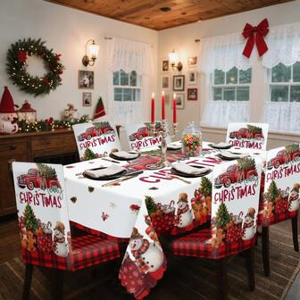 1/4/5/6/35pcs Christmas Slogan, Gingerbread Man, Truck, Snowman Pattern Decorative Digital Print Tablecloth & Chair Cover Set - Indoor Furniture Table Dust-Proof & Washable Tablecloth, Suitable For Indoor Restaurant Decoration, Family Gathering, Gift Giving, Holiday Party Atmosphere Decoration
