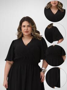 Women's Casual V-Neck Criss-Cross Midi Wrap Dress Plus Size Elegant Loose Godet Sleeve Side Slit Discreet - 黑色 - 查看 4