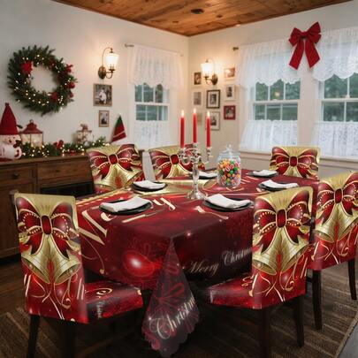 Conjunto de toalha de mesa e capa para cadeira com estampa digital decorativa de 1/4/5/6/35 peças, casa de neve de Natal, rena, Papai Noel, padrão de árvore de Natal - Toalha de mesa lavável e à prova de poeira para móveis internos, adequada para decoração de sala de jantar interna, reuniões familiares, presentear, decoração de atmosfera de festa de fim de ano