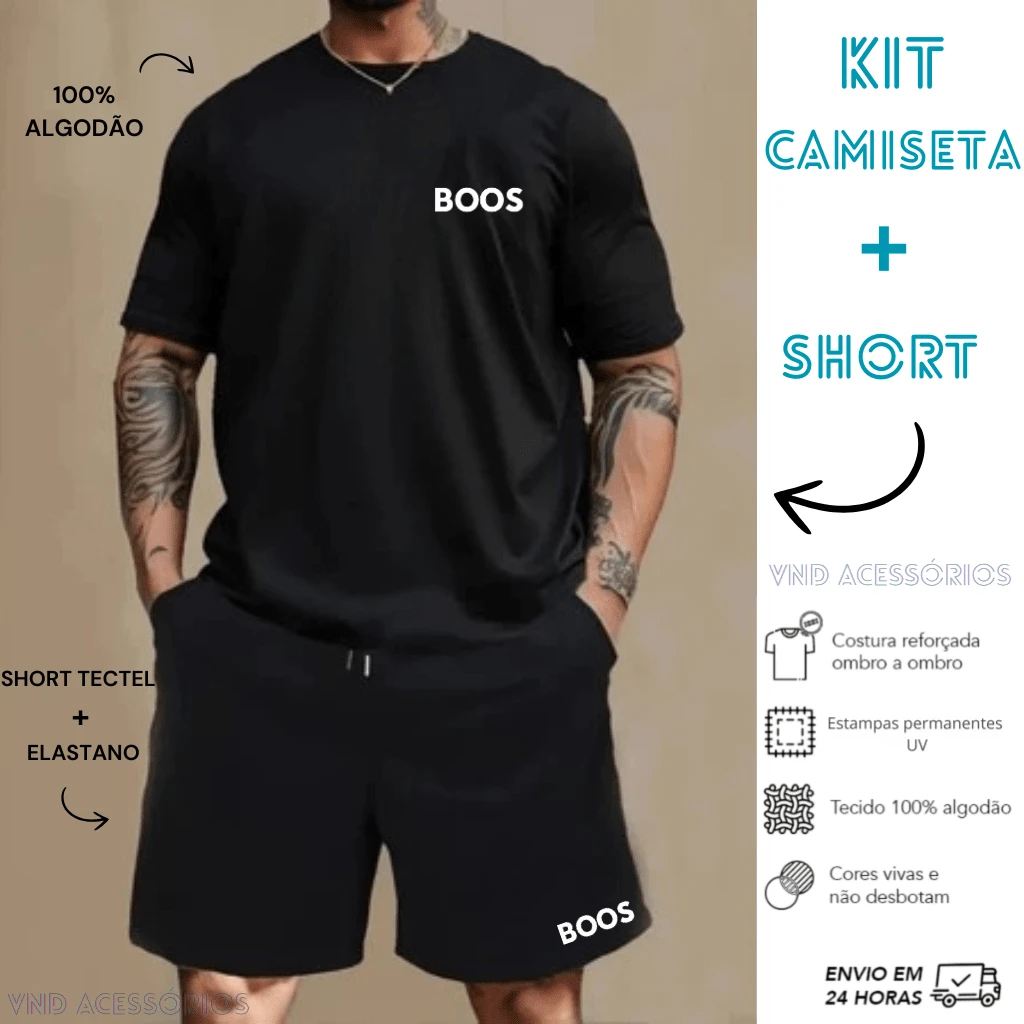 Cotton T-Shirt + Printed Tectel Bermuda Shorts Set - Black/Black - View 1