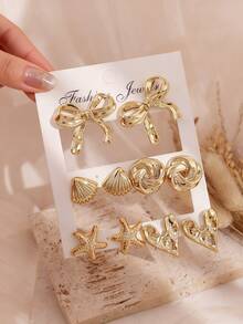 2/10pcs Fashionable Metallic Starfish Element Stud Earrings Set, Women's Stylish Earring Set, Suitable For Daily Wear, Lightweight CCB Material