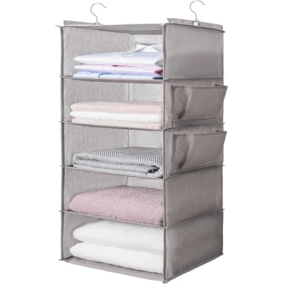 BOOMIBOO Hanging Closet Organize And Shelves,5-Hanging Shelf With 2 Side Pockets,Storage Foldable (Grey)