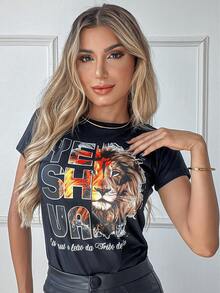 Women's Printed Short Sleeve T-Shirt 100% Cotton Yarn 30.1 Premium - Sư tử Yeshua đen - Xem 5