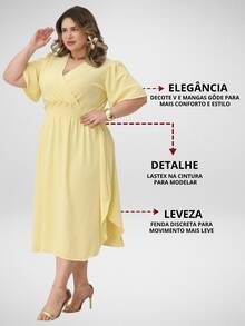 Duna Women's Plus Size Wrap Midi Dress With Short Sleeves - Yellow - View 2