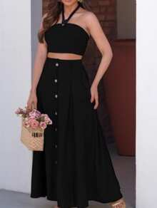 Women's Cropped Set And Elegant Long Skirt, Cropped With Cups, Straight Neckline And Halter Strap Detail Crossed At The Neck, Long High-Waisted Skirt With Waistband And Elastic At The Back, Front Button Closure, Pleats And Front Pockets With Lapel Combining Practicality And Style. - 黑色 - 查看 1