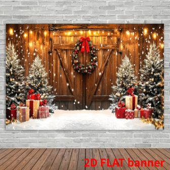 2d Flat Christmas Garage Door Banner - Wooden Texture Design, With Trees And Garlands, Perfect For Festive Party Decoration