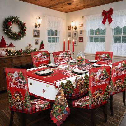 1/4/5/6/35pcs Christmas Slogan, Reindeer, Snowman Pattern Decorative Digital Print Tablecloth & Chair Cover Set - Indoor Furniture Table Dust-Proof & Washable Tablecloth, Suitable For Indoor Dining Room Decor, Family Gatherings, Gifts, Holiday Parties