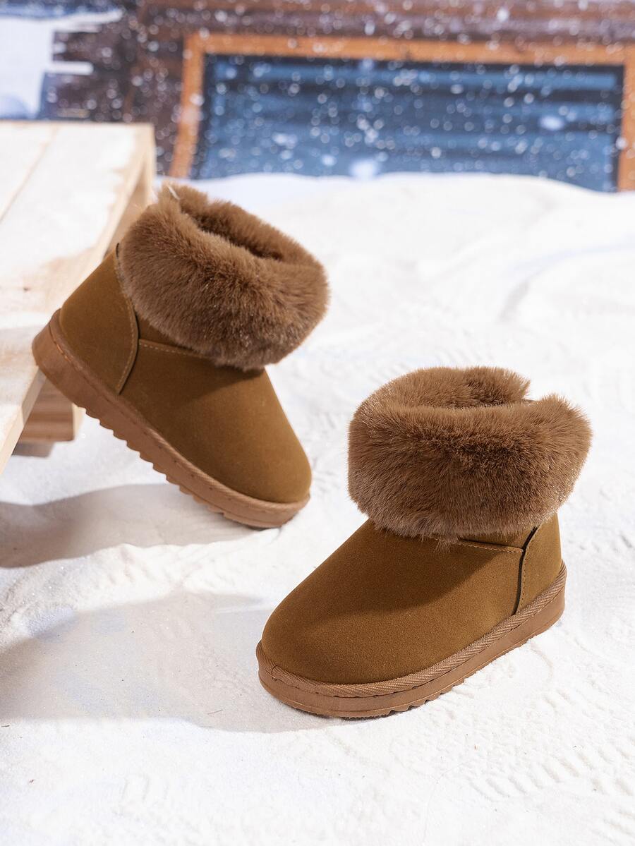 儿童冬季雪地靴，女童毛绒短靴 - 棕色 - 查看 1