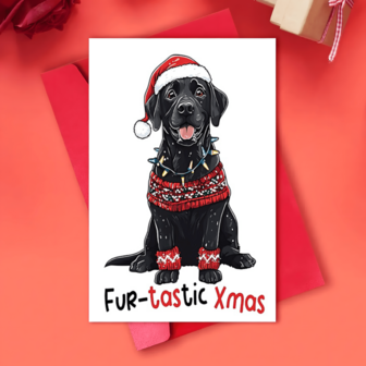 1pc Christmas Dog Greeting Card - Festive Black Labrador Puppy In Santa Hat And Sweater - Fur-Tastic Xmas Notecard For Family And Friends - Holiday Season Greeting Card