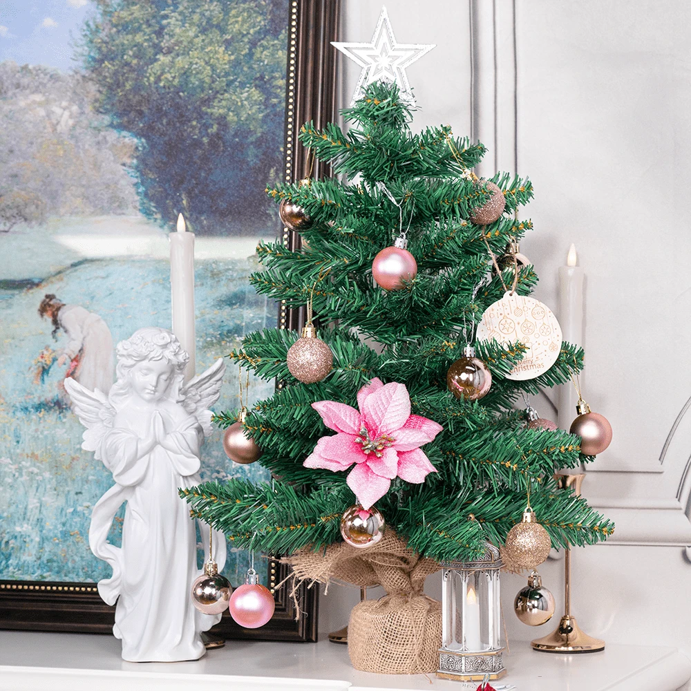 60cm Christmas Tree, Decorated With Green Mini Trees, Fresh Green Base For Realistic Look, Rose Gold Matte Ornament Balls Add Romantic Vibe, Glossy Pink Ornament Balls Add Soft Touch, Jingling Bells For Lasting Happiness, Silver Star Topper, Vibrant Pink Flowers, Christmas Scent - Multicolor - View 1