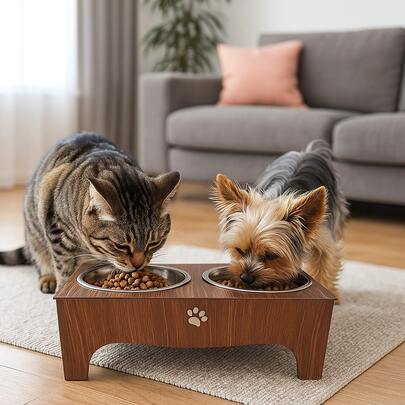Comedouro Elevado Duplo P para Cão e Gato Com TAMPAS