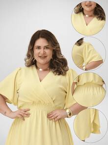 Duna Women's Plus Size Wrap Midi Dress With Short Sleeves - Yellow - View 4