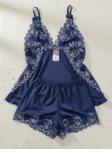 Baby Doll Suede PLUS SIZE Bicolor Pijama de Dormir Blusinha e Shortinho Confortável e Fresquinho - Azul Marinho - Visão 2