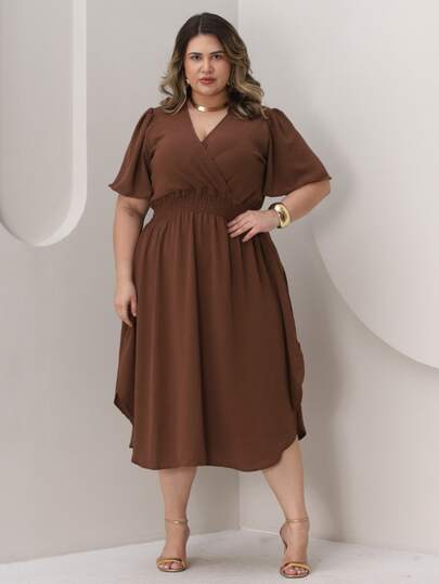 Vestido Transpassado Midi Feminino Casual Decote V Cruzado Plus Size Elegante Soltinho Manga Godê Fenda Lateral Discreto
