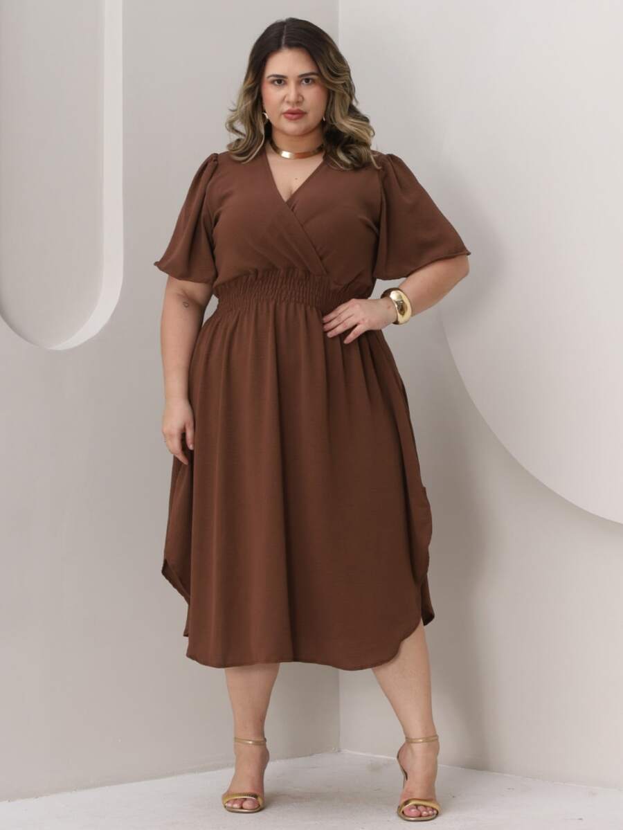 Women's Casual V-Neck Criss-Cross Midi Wrap Dress Plus Size Elegant Loose Godet Sleeve Side Slit Discreet - 鏽棕色 - 查看 1