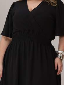 Women's Casual V-Neck Criss-Cross Midi Wrap Dress Plus Size Elegant Loose Godet Sleeve Side Slit Discreet - 黑色 - 查看 3