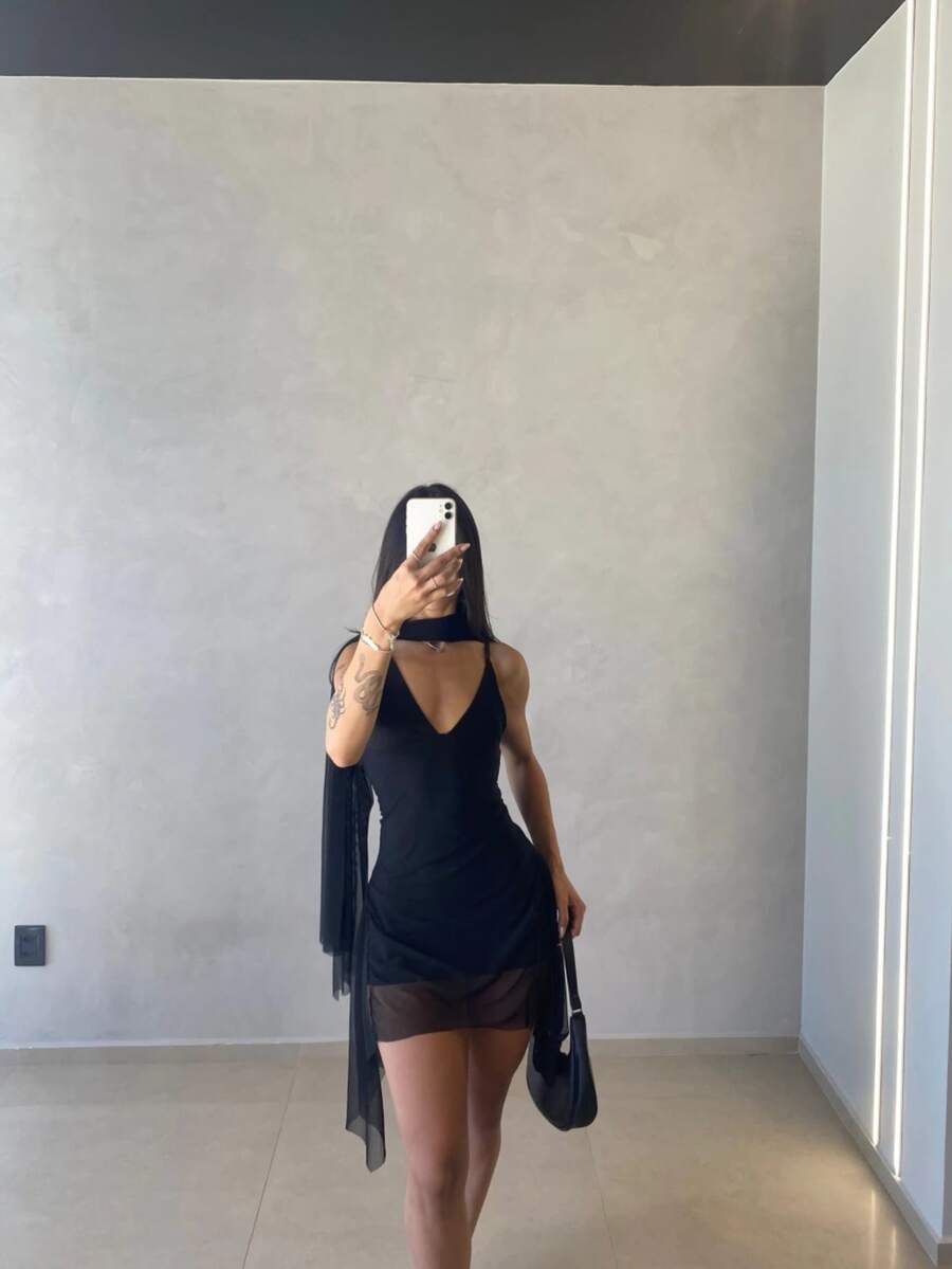 Women's Elegant V-Neck Tulle Dress With Slim Shaping - 黑色 - 查看 1