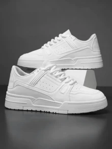 Zapatos Deportivos De Que Aumentan La Altura. Zapatillas deportivas casuales negras versátiles para jóvenes con plataforma gruesa y suela elevadora, calcetines deportivos con estampado de letras de moda,  antideslizantes, duraderos, modernos y resistentes, punta redonda, con cordones, suelas deportivas gruesas,Zapatos Casuales de Suela Gruesa Para Hombre.zapatos con punta redonda y cordones, zapatos deportivos para hombres,suelas deportivas gruesas a la moda Zapatos deportivos de color sólido para hombre, suelas redondas antideslizantes, adecuados para actividades al aire libre, caminar, citas y uso diario. - Blanco - Ver 8