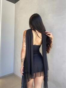 Women's Elegant V-Neck Tulle Dress With Slim Shaping - 黑色 - 查看 2