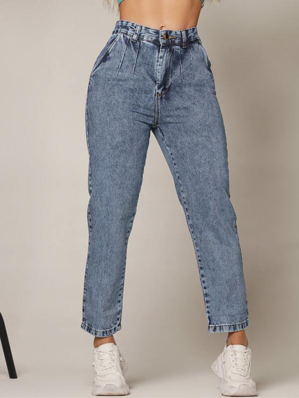 Calça Jeans Feminina Mom Básica Cos Alto Sem Elastano Com Bolso perna larga