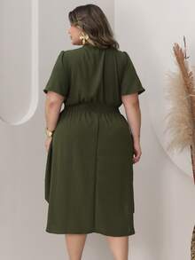 Women's Casual V-Neck Criss-Cross Midi Wrap Dress Plus Size Elegant Loose Godet Sleeve Side Slit Discreet - 軍綠色 - 查看 5