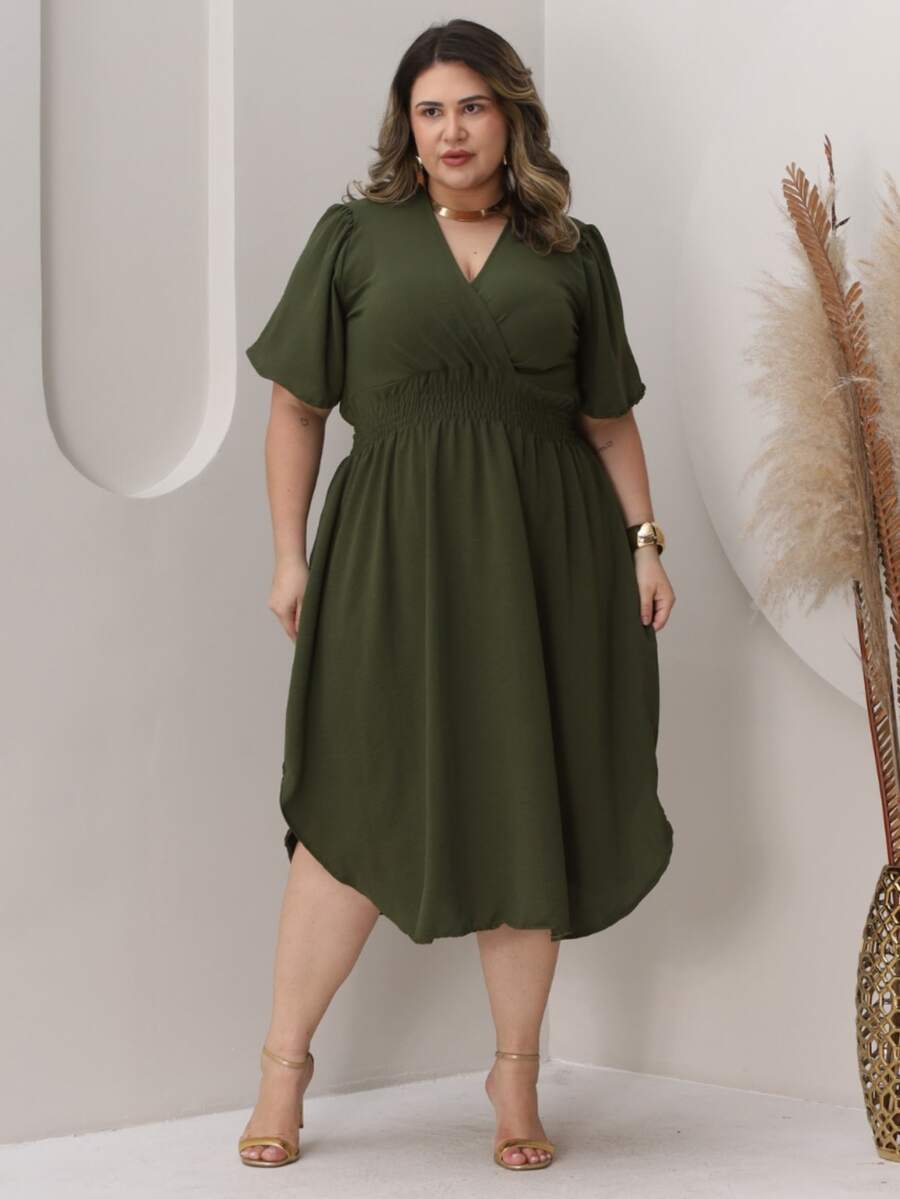 Women's Casual V-Neck Criss-Cross Midi Wrap Dress Plus Size Elegant Loose Godet Sleeve Side Slit Discreet - 軍綠色 - 查看 1