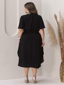 Women's Casual V-Neck Criss-Cross Midi Wrap Dress Plus Size Elegant Loose Godet Sleeve Side Slit Discreet - 黑色 - 查看 5