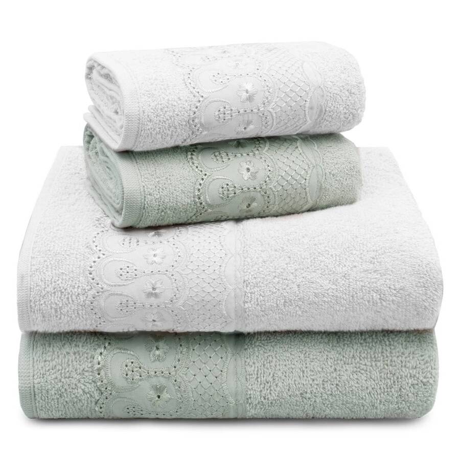 Set/Kit Of 4 Towels (2 Bath + 2 Face) Embroidered Hem 100% Cotton Combed Yarn Bordare Appel - White | Green - View 1