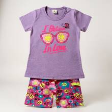 Set For Pre-Teen Girls: Printed Cotton T-Shirt And Cotton Bermuda Shorts - Màu đỏ tím - Xem 3