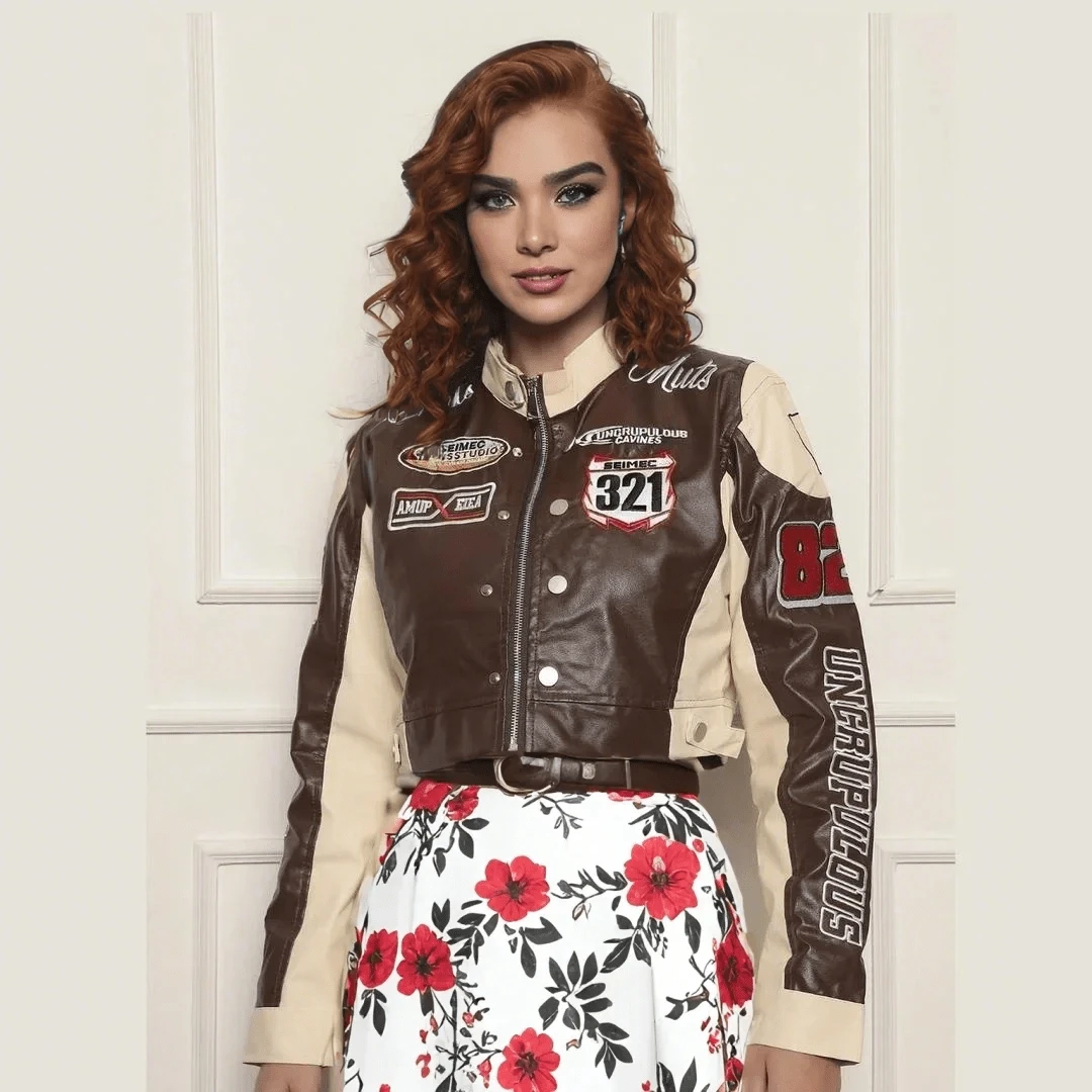 Women's Racing Mutz Motocross Racer Style Embroidered Jacket Coat Blouse - Màu nâu Mocha - Xem 1