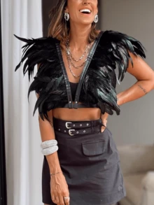 1 件装女士仿羽毛束腰带哥特式羽毛披肩肩巾披肩领节日派对服装嘉年华 - 黑色 - 查看 2