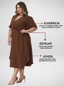 Women's Casual V-Neck Criss-Cross Midi Wrap Dress Plus Size Elegant Loose Godet Sleeve Side Slit Discreet - 鏽棕色 - 查看 2
