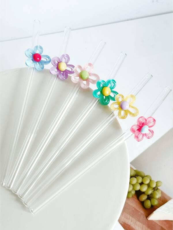 1pc Cartoon Flower Glass Straw, Transparent Smoothie, Bubble Tea, Juice, Milk, Cocktail, Cold Drink Party Cartoon Flower Bent Glass Straw, Reusable
