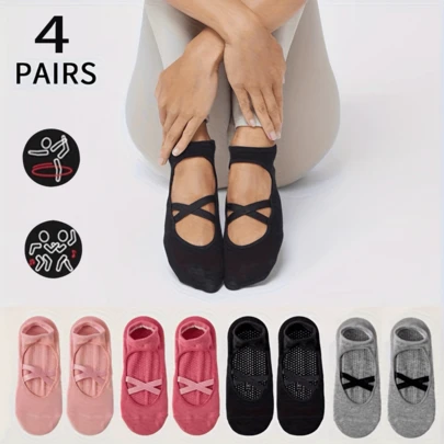 4 Pairs Women's Non-Slip Yoga Socks - Professional Grip For Running, Gym, Pilates, Ballet And Floor Exercises - Multiple Colors (Black, Pink, Grey) - With Arch Support And Ankle Cushion - Ideal Gift For Dancers And Fitness Enthusiasts, Essential For Training - Durable Material
