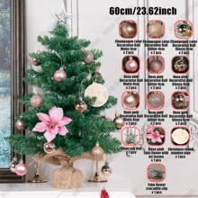 60cm Christmas Tree, Decorated With Green Mini Trees, Fresh Green Base For Realistic Look, Rose Gold Matte Ornament Balls Add Romantic Vibe, Glossy Pink Ornament Balls Add Soft Touch, Jingling Bells For Lasting Happiness, Silver Star Topper, Vibrant Pink Flowers, Christmas Scent - Multicolor - View 6