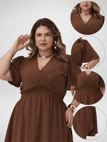 Duna Women's Plus Size Midi Wrap Dress With Short Sleeves - 鏽棕色 - 查看 4