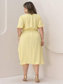 Duna Women's Plus Size Wrap Midi Dress With Short Sleeves - Yellow - View 5