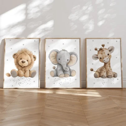 3pcs/Set Modern Canvas Posters, Children's Room Wall Decor Paintings, Room Decoration, Bedroom And Playroom Home Decor - Lion, Elephant, Giraffe, Plush Animal Pattern, Small Animal Pattern, Playroom Decor, Cute And Fun, Minimalist Style, With Or Without Frame, Room Decoration, Home Decor, College Dorm Apartment Decor, Hotel, Home, Living Room, Bedroom, Bathroom And Office Wall Decor Gift