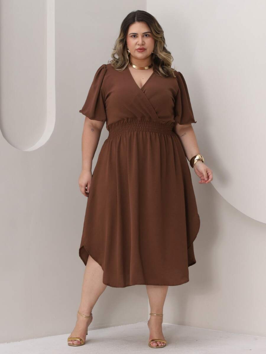 Duna Women's Plus Size Midi Wrap Dress With Short Sleeves - 鏽棕色 - 查看 1