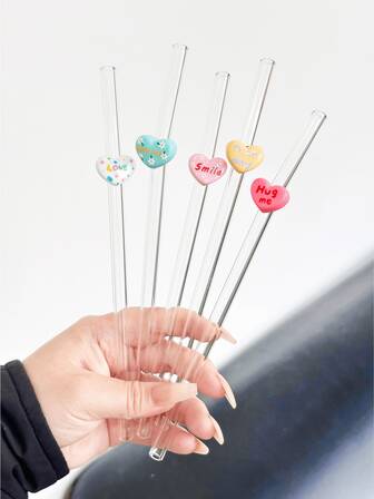 1 pieza Pajita de vidrio con forma de corazón para el Día de San Valentín, transparente, reutilizable para batidos, té de burbujas, jugo, leche, cócteles y bebidas frías para fiestas