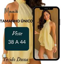 Macacao Elegante Feminino Peça Unica Com Amarração no Pescoço Costa Aberta a Tecido Duna Macaquinho Moda Verão - Amarelo - Visão 4