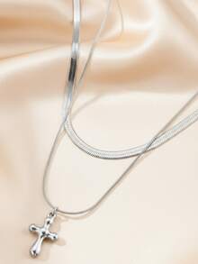 1pc Stainless Steel Snake Chain & Cross Pendant Double Layer Necklace For Women, Fashionable, Elegant, Unique Design With Textured Details, Suitable For Daily And Religious Occasions - necklace - View 3