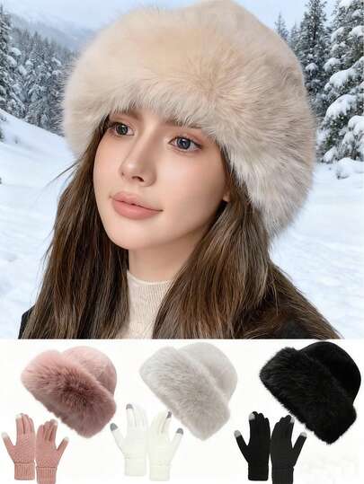 3pcs/Set Women's Winter Plush Hat, Women's Fashionable Thick Hat, Winter Warm Hat, Gloves - Upgraded Touch Screen Finger Design, Warm Knitted Gloves, Can Be Matched With Wool Coats, Winter Clothing, Winter Sets Accessories For Winter Valentines Gift