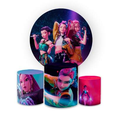 Kit Capa Painel de Festa Redondo + Trio Capas de Cilindro Sublimado Tecido Premium Tema Guerreiras Kpp Musica Decoração