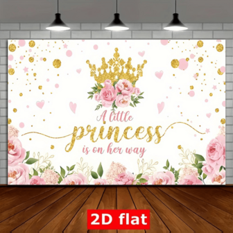 这款名为“小公主在路上”的2D平面设计，以粉色玫瑰和心形金色闪光文字为特色，是一款可重复使用的聚酯纤维派对装饰品。