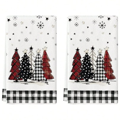 [Christmas Decoration] 2Pcs/4Pcs Black White Buffalo Plaid Snowman Xmas Trees Christmas Kitchen Towels Dish Towels, 16x24 Inch Daily Buffalo Plaid Winter Room Funky Home Decoration Hand Towels
