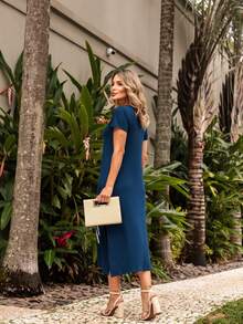 Loose Summer T-Shirt Dress With Side Slit - 藍色 - 查看 3