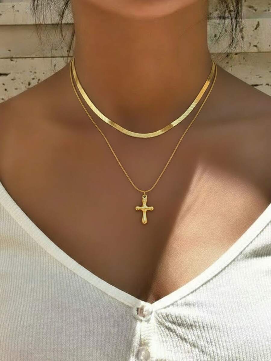 1pc Stainless Steel Snake Chain & Cross Pendant Double Layer Necklace For Women, Fashionable, Elegant, Unique Design With Textured Details, Suitable For Daily And Religious Occasions - necklace - View 1