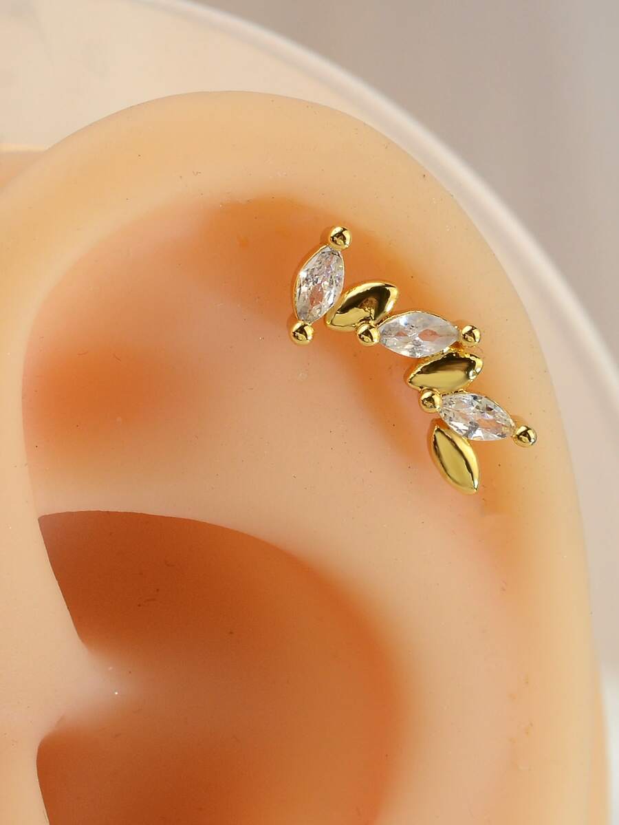 1PC 20G Copper Fashion Dainty Curved Cz Cartilage Stud Leaf Anti Tragus Helix Standard Lobe Rook Conch Flat Screw Back Earrings Ear Piercing Jewelry